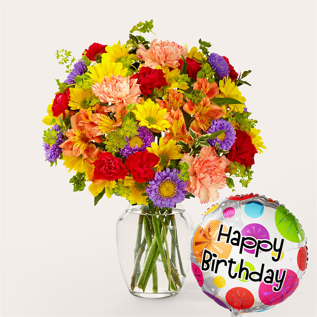 Kaleidoscope Bouquet with Birthday Balloon – Hy-vee, West Des Moines IA