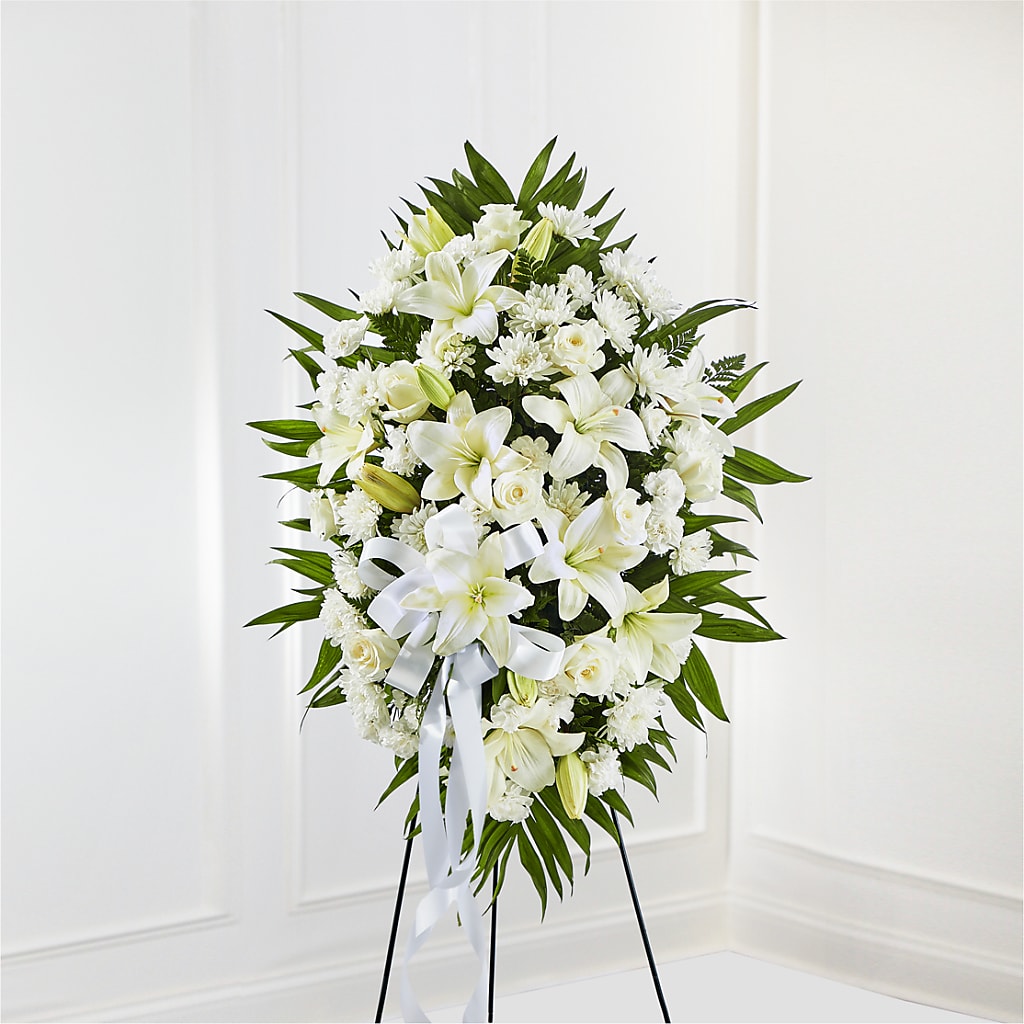 Exquisite Tribute Standing Spray-White Ribbon – Hy-vee, West Des Moines IA